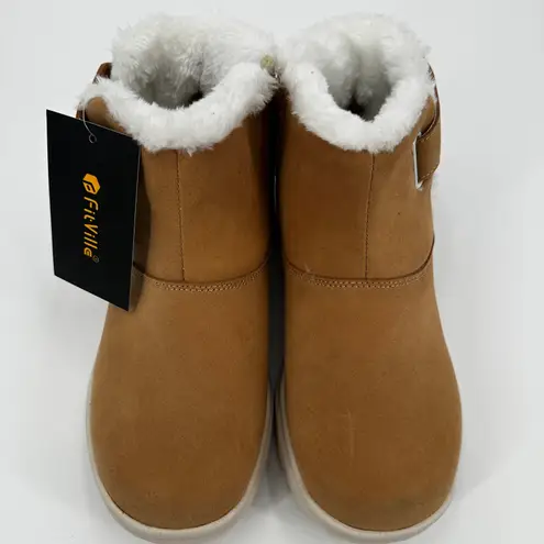 FitVille Women's Tan Suede Faux Fur Lined Ankle Boots Bootie Comfort Hook Loop 7 Brown