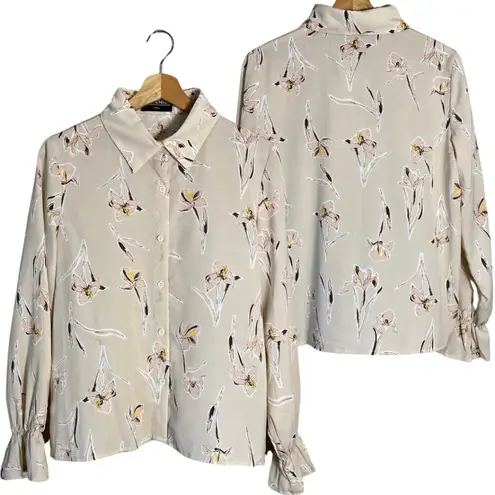 Kittenish Long Sleeve Floral Dreams Button Up Blouse Womens Small Ivory Boho Top