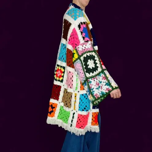 Vintage Handmade Colorful Granny Square Crochet Hippie Open Cardigan Multiple