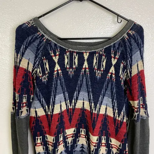 Ralph Lauren Denim Supply Aztec Sweater Medium Blue Distressed Pullover Cotton * Red