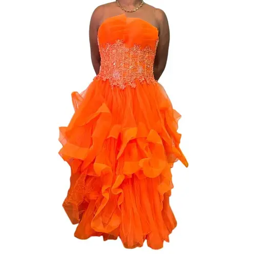 Stunning Orange Tulle Ball Gown with Floral Lace Applique Formal Evening Dress Size 6