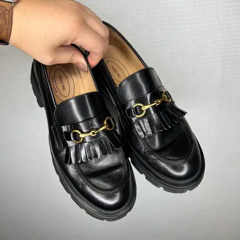 Journey West Black Leather Lug Sole Loafers Fringe Gold Hardware