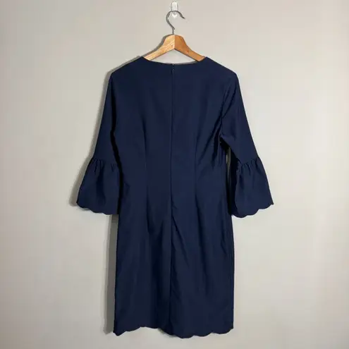 J. McLaughlin Elle Sheath Dress Women's 4 Navy Scalloped Hem Bell Sleeves Career