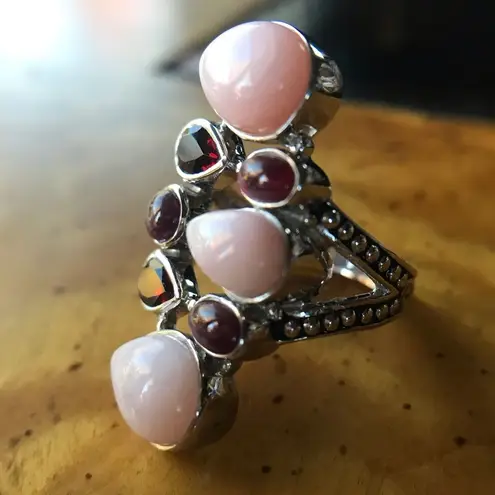 Natural Pink Opal Ruby Garnet Sterling Silver Cocktail Ring Size 7