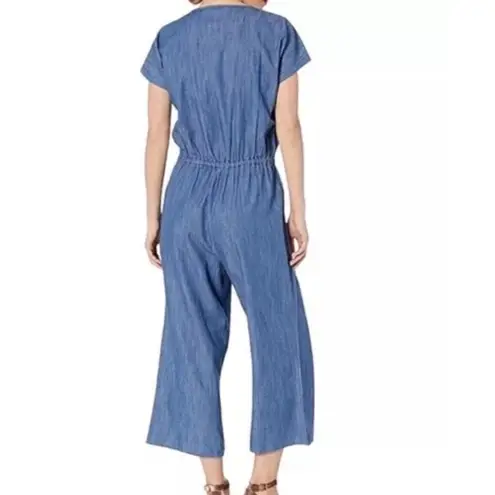 J. Crew Mercantile Chambray Denim Wrap Jumpsuit Size M Elastic Waist Pockets Blue Size M
