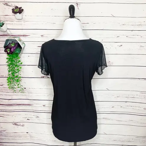 Ava James  Solid Black V Neck Sheer Sleeve Blouse Top Size Medium