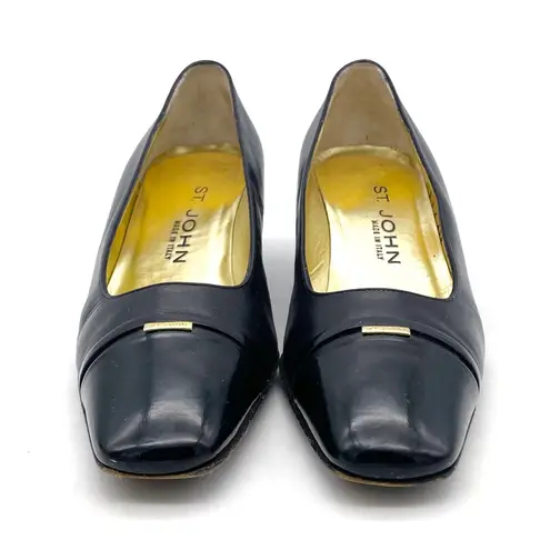 St. John Black Leather Cap Toe Heels Made in Italy Pumps Size 7 Vintage 80s 90s