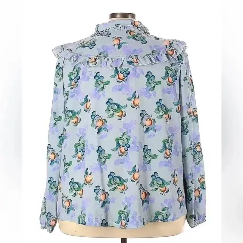 Lost Ink | Women’s Plus Size 4X Ruffled Floral Fruit Button Down Blouse Blue