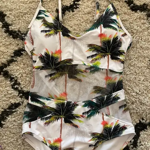 Womens Sexy V Neck Backless One Piece Coconut Palm Tree Print Swimsuit White Size XL
