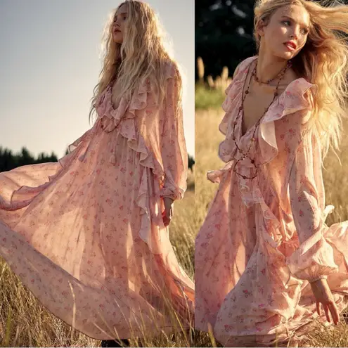 Spell & the Gypsy Bohemian Ethereal Billowy Ruffle Fleur Gown Maxi Dress Small Pink