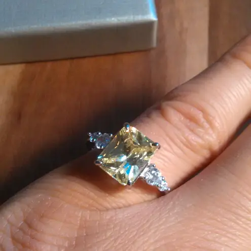 Simulated Peridot and White Diamond Sterling Silver Ring (Size 6)