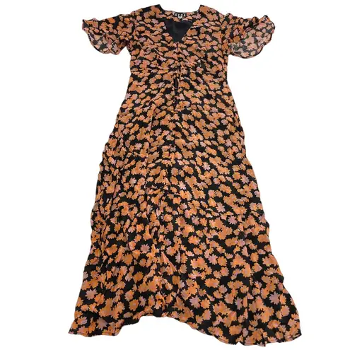 VEDA Dress Womens Medium Montana Orange Black Floral Printed Button Front Midi