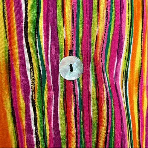 Vintage Top Striped Colorful Women Orange Shell Buttons Rayon Eclectic Casual