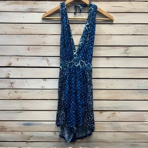 Lucky Brand LK7TF37 Blue Halter Romper Boho Geometric Print Tassel Tie Medium