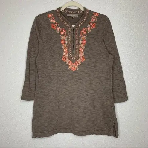 Tommy Bahama  Linen Blend Brown 3/4 Sleeve Embroidered Top