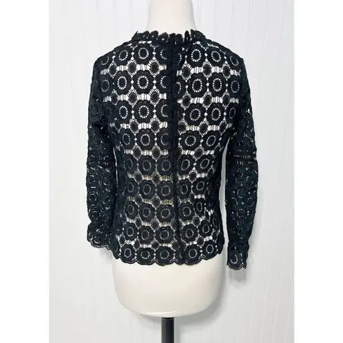 None Boho Open Knit Crochet Floral Lace Top Long Sleeves High Neck Black Size Large