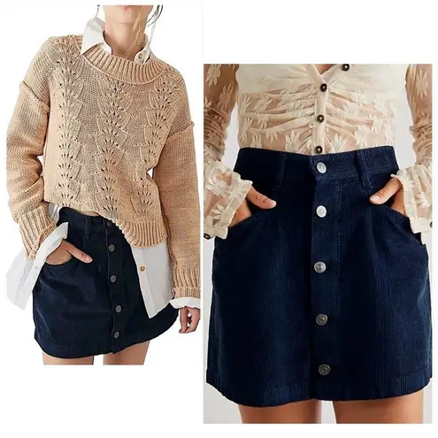 Miss Selfridge Corduroy Button-Front A-Line Skirt in Navy