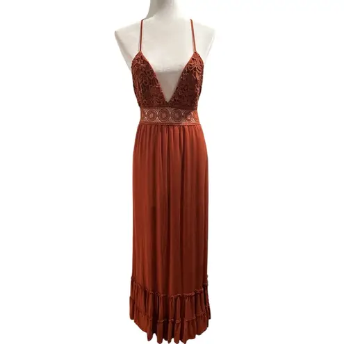 FADED ROSE BOHO STRAPPY LONG TIERED CROCHET TERRACOTTA MAXI DRESS Orange Size M