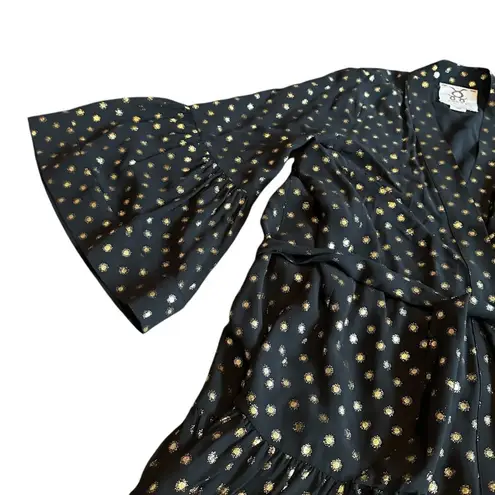 Figue Caroline Metallic Wrap Dress Black Gold Kimono Wide Sleeves Size Small