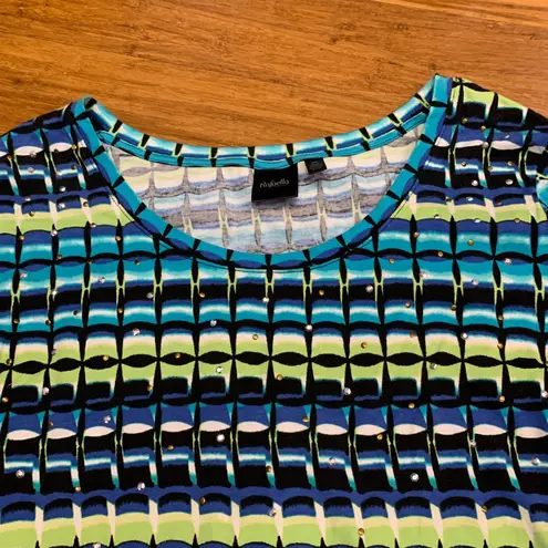 Rafaella Women's 2X Blue Green Black Geometric Print 3/4 Sleeve Top Embellished