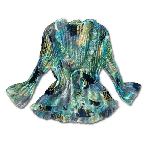 Bay Studio Retro Print Ruffle Tie Cardigan Blue