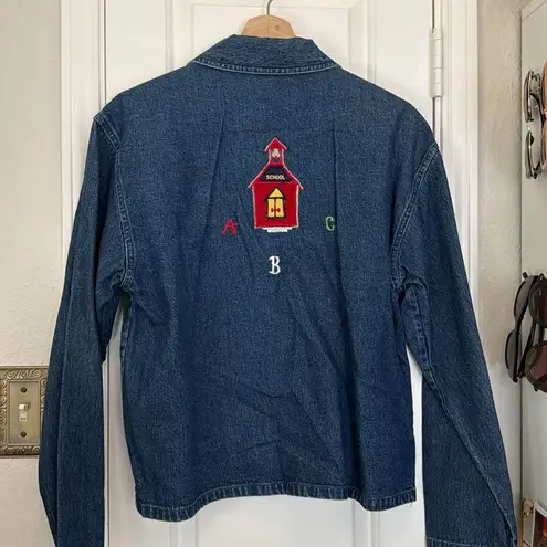 Teacher vintage patchwork denim jacket Apple math school bus Blue