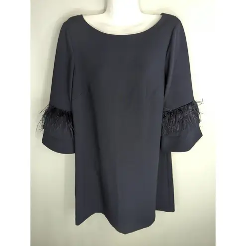 Tahari Navy Shift Dress 3/4 Feather Sleeves Size 10 Witchy Grunge Adams Family