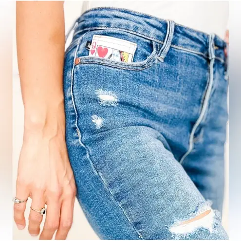 Judy Blue Queen of Hearts Boyfriend Fit Distressed Jeans Women's Size 14W Denim