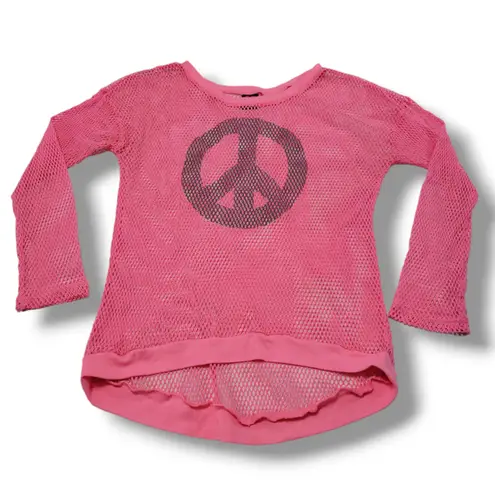Hard Candy Top Size XL 15-17 Fishnet Shirt Cover Up Top Graphic Peace Logo Pink