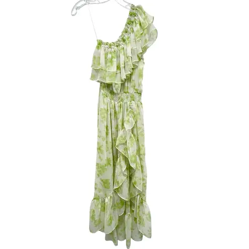 MISA Los Angeles Rumi One Shoulder Midi Dress Green White Honeydew Blossom Small