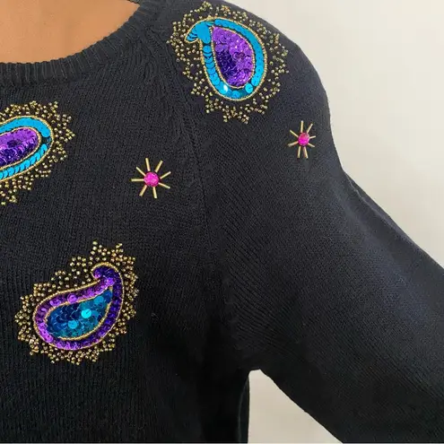 Vintage Sweet Baby Jane black sequins paisley embellished knit maxi dress sz L Size L