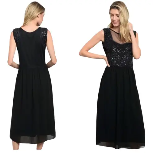 Verty Black Chiffon Dress Illusion Mesh Neck Embellished Sequins Midi Silhouette