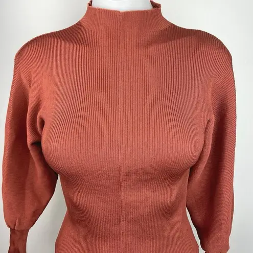 ZARA  Brown Balloon Sleeve Turtle Neck Ribbed Trim Knit Fitted Sweater Top Size L