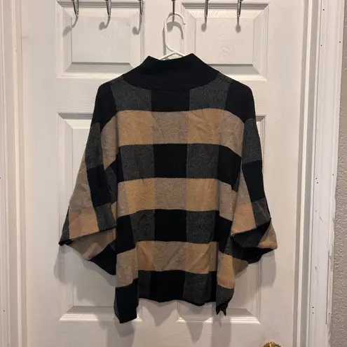 Note di Anita Italian Merino Wool Cashmere Poncho Cape Black Beige Buffalo Plaid Size L