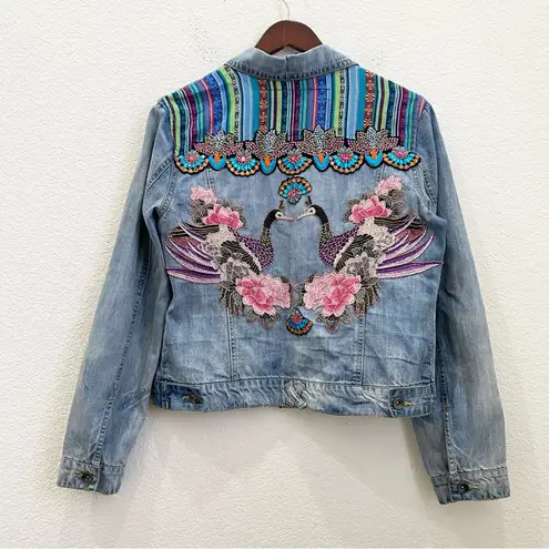 Customized Embroidered Patch Peacock Denim Jean Jacket Size M