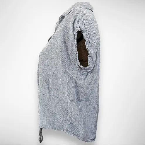 Weatherproof Vintage Blue & White Striped Washable Linen Tie Front Top | EUC