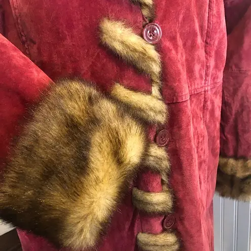 Dennis Basso Long Line Suede Hooded Pea Coat w Faux Fur Lining Dusky Red Sz L