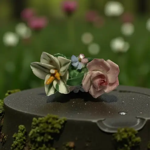 Vintage Antique Porcelain Painted Bunch of Flowers Floral Brooch Lapel Coat Pin