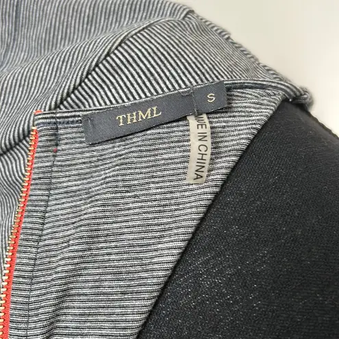 THML short sleeve grey and black thin striped dress with tie and orange zipper