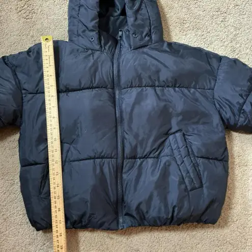 CISONO Navy Blue Puffer Jacket Hooded Cropped Zip Up Women's Size S