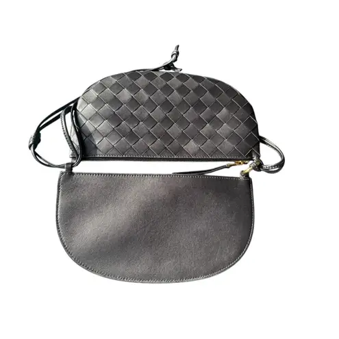Bottega Veneta New Black Leather Gemellini Intrecciato Double Pouch Shoulder Bag