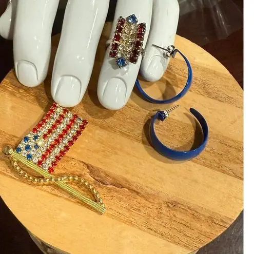 USA Jewelry Bundle: Fourth of July Vintage Fashion Ring, Earrings & Flag Pin Red