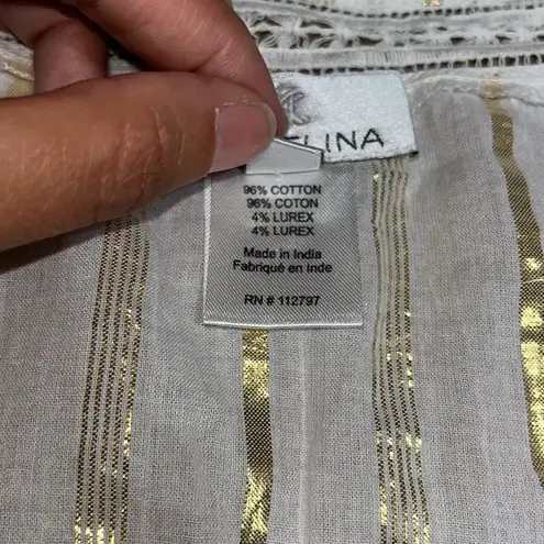 Miguelina Saanchi Cropped Striped Metallic Cotton Gauze Tie Front Tassel Top S White