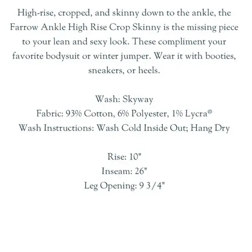 DL1961 Nwt Farrow Cropped Hight Rise Skinny Jeans