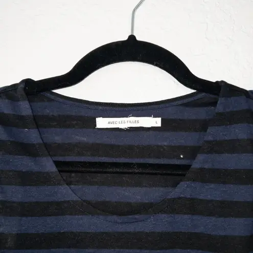 Avec Les Filles Black & Blue Striped Simplicity Tank Top Size Large