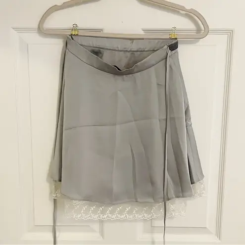 Japanese Kawaii Pastel Grey Blue Lace Velvet Bow Ribbon Silky Mini Skirt Size XS