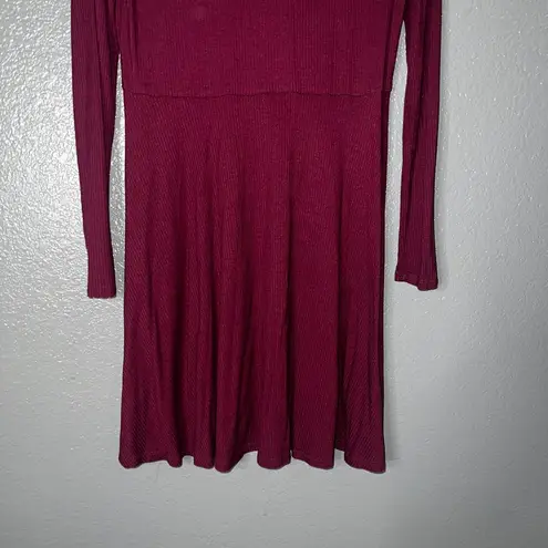 Wine Red Long Sleeve Fit & Flare Dress Women’s XXL Ruffle Neck Ribbed Knit