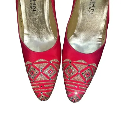 St. John Vintage  Red Heels with Gold Colored and Jewel Accents Size 6