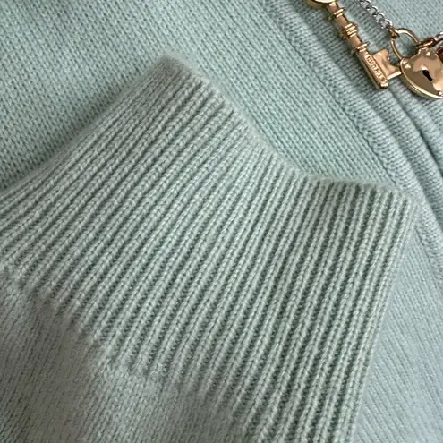 St. John Vintage/Rare Mint Green Cashmere Hooded Cardigan With Fox Fur Trim sz L - Image 9