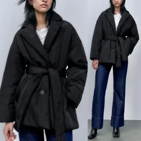 ZARA NWT black belted tie belt puffer jacket coat